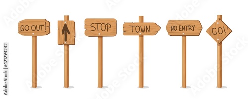 Old wooden pointers banners. Retro billboards on stick with stop and no entry announcements and information brown wood texture with vector direction.
