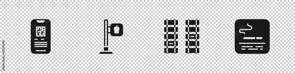 © Kostiantyn - Set E-ticket train, Cafe and restaurant location, Railway, railroad track and Smoking area icon. Vector