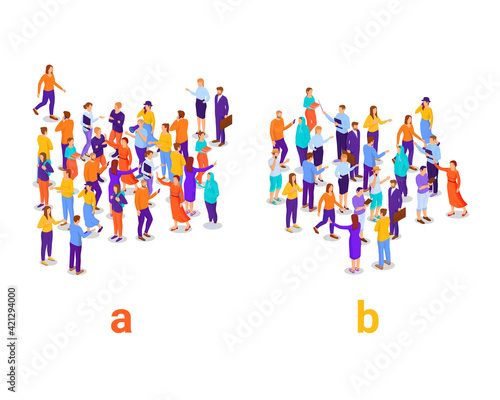 Dividing people into two groups isometric concept. Social experiment with division into a and b research populations vector characters.