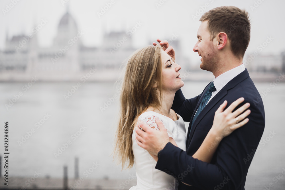 Kissing wedding couple staying over beautiful landscape Kissing wedding couple staying over beautiful landscape