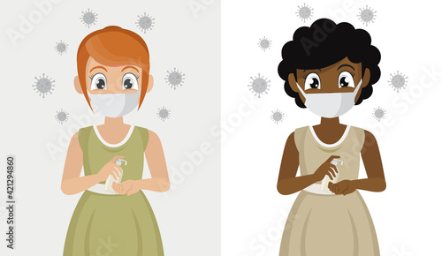 girl wear masks Use alcohol antiseptic gel to clean hands and prevent germs and covid-19