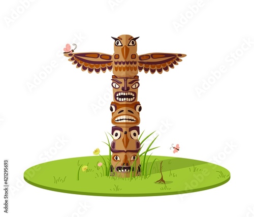 Totem fantastic birds on lawn illustration. Ancient Native American wooden statue of mythical creatures ethnically painted in abandoned green vector glade.