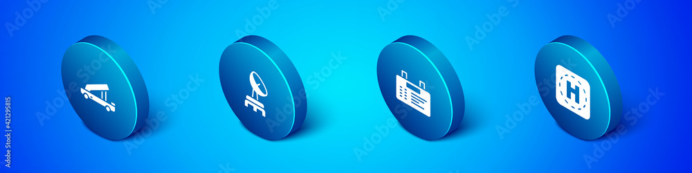 Set Isometric Passenger ladder, Airport board, Helicopter landing pad and Radar icon. Vector Set Isometric Passenger ladder, Airport board, Helicopter landing pad and Radar icon. Vector