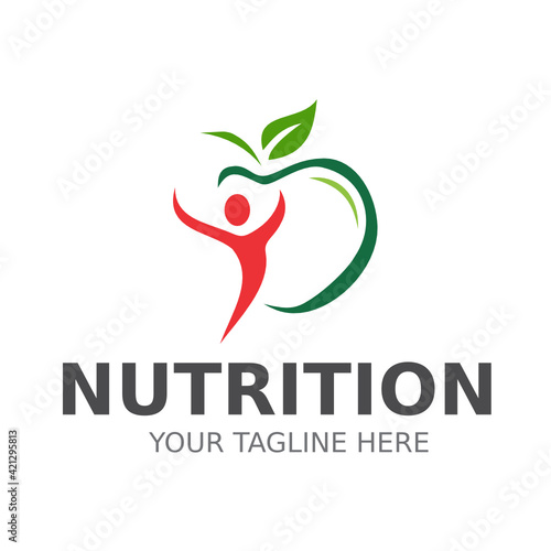Modelo de logo para nutrição e estilo vida. Com maçã verde e pessoa em vermelho.