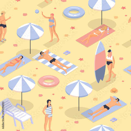People sunbathe and play beach isometric seamless pattern. Woman in striped gray swimsuit walks with surfboard man in black swimming trunks doze yellow vector sand.