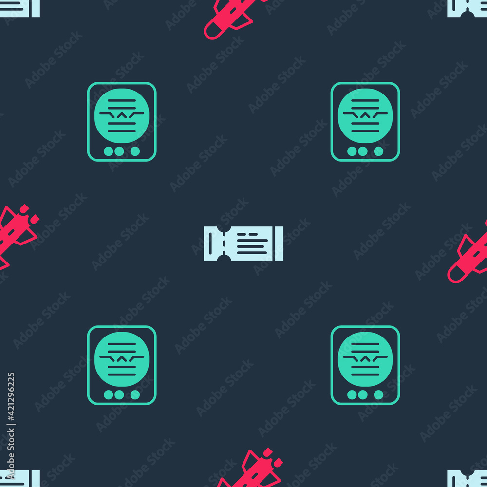 Set Rocket, Airline ticket and Attitude indicator on seamless pattern. Vector Set Rocket, Airline ticket and Attitude indicator on seamless pattern. Vector