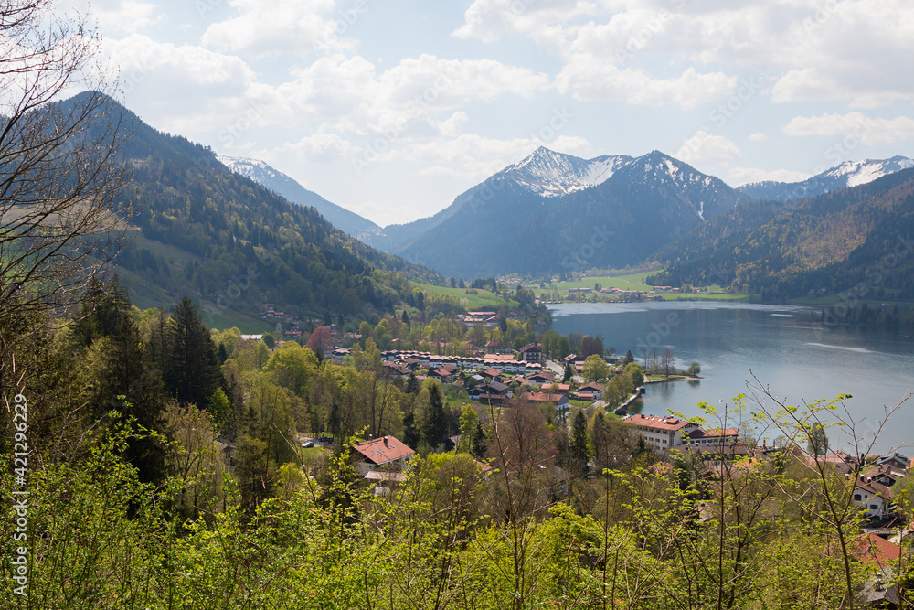 spa town Schliersee spring landscape, view from Haiderdenkmal lookout point