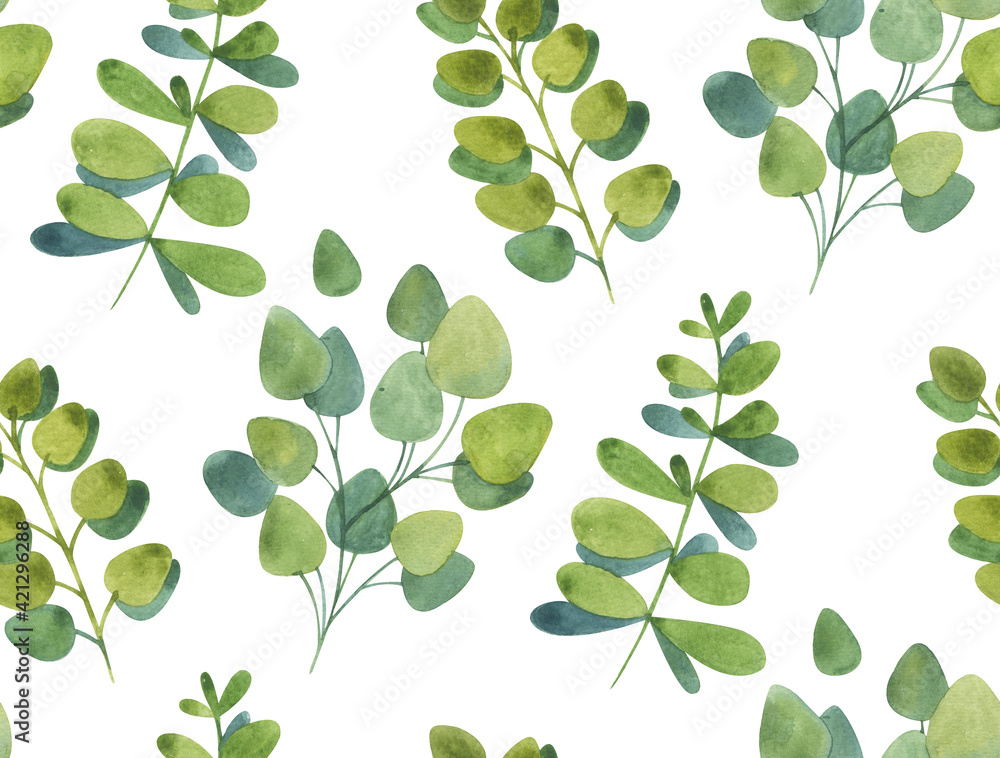 Obraz premium Watercolor Greenery pattern, Green Eucalyptus Foliage Clip Art, Greenery Leaves, Green Leaf Print, Seamless pattern, green branches, Frame with green branches