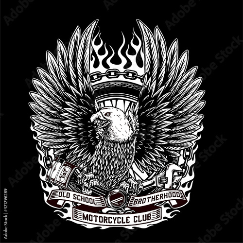 vector of eagle hold the piston and wrench and tyre of custom motorcycle