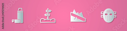 Set paper cut Thermos container, Road traffic signpost, Mountain descent and Hockey mask icon. Paper art style. Vector