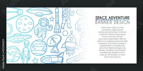 Space Adventure Banner Doodle. Spaceship Background Hand drawn. Astronaut Icons illustration. Vector Horizontal Design.
