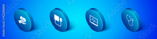 Set Isometric Heart rate, Monitor with cardiogram, Stethoscope and Blood pressure icon. Vector