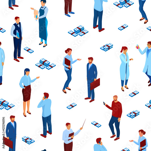 People and work isometric seamless pattern. Male female characters in business blue suits talk about project scientists and teachers give lectures experiments with scattered bundles vector money.