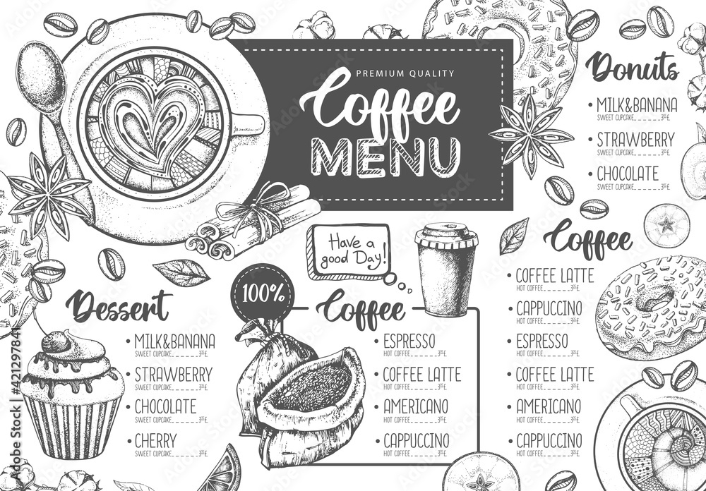Restaurant Coffee menu design. Decorative sketch of cup of coffee or tea. Dessert menu