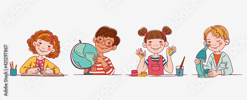 School children in the classroom at the lesson. Back to school vector illustration