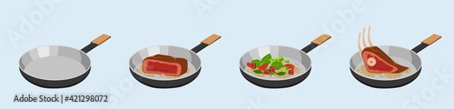 Process of frying meat and vegetables in skillet. Stir fried brown beefsteak and fried green vegetable mixture with vector pepper.
