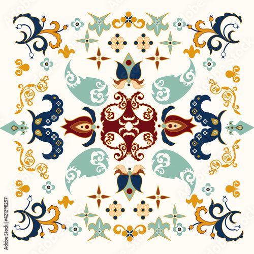 Arabic patterned ornament. Oriental red floral ornaments in shape green ethnic decorations and geometric blue vector arabesques.