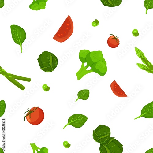 Fototapeta Naklejka Na Ścianę i Meble -  Tomatoes with salad and cabbage seamless pattern. Green broccoli swirl with red tomato slices and vector asparagus leaf.