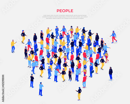 Crowd people gathers in circle isometric illustration. Male and female characters come to festival and discuss latest social vector news.