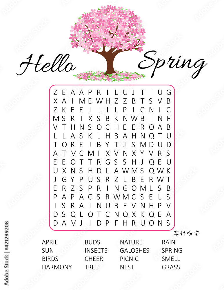 Hello Spring word search puzzle with cherry blossom. Logic game for
