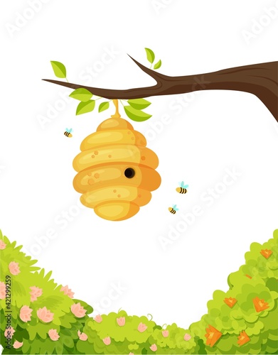 Beehive on branch with swirling bees illustration. Yellow cocoon covered with sweet honey surrounded by flowering trees and flying striped vector insects.