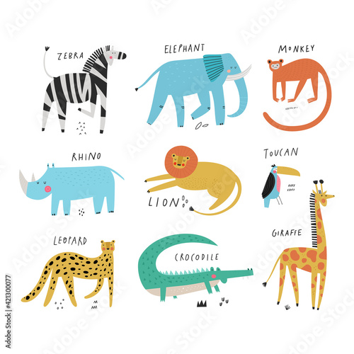 Wild animals collection set and their names isolated on white. Hand drawn lion, giraffe, zebra, elephant. Cartoon exotic mammal, bird and reptile. Africa safari characters wildlife vector illustration