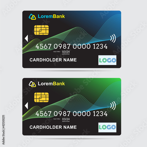 Realistic detailed credit cards set black card. Front  template. Money, payment symbol. Vector illustration