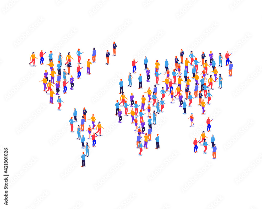 Crowd people in shape earth map isometric illustration. Groups characters lined up with world continents analysis human population and vector size. Crowd people in shape earth map isometric illustration. Groups characters lined up with world continents analysis human population and vector size.