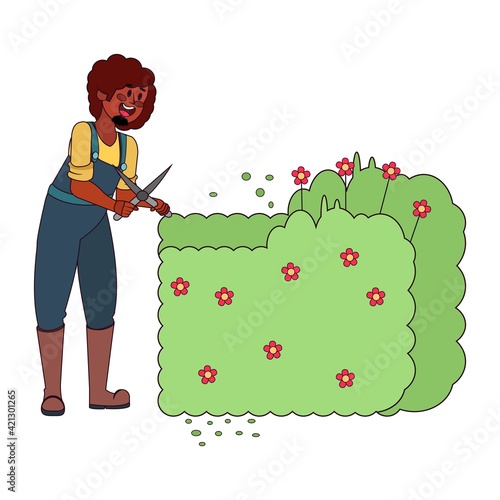 Isolated man cutting a bush - Vector illustration