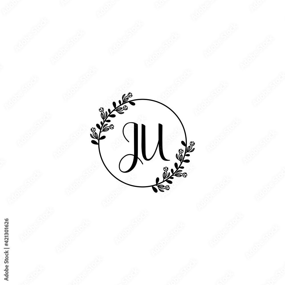JU initial letters Wedding monogram logos, hand drawn modern minimalistic and frame floral templates