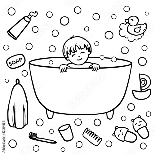 Baby having a bath vector illustration. Hygiene products and toys. Coloring book.