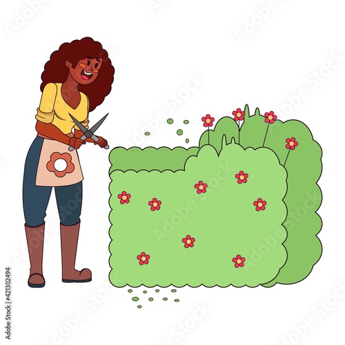 Isolated woman cutting a bush - Vector illustration