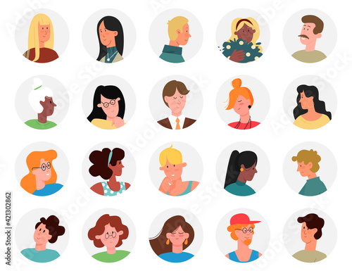 Man woman faces circle avatars for social media network vector illustration set. Cartoon business people heads, manager with glasses and happy office worker portraits front view isolated on white