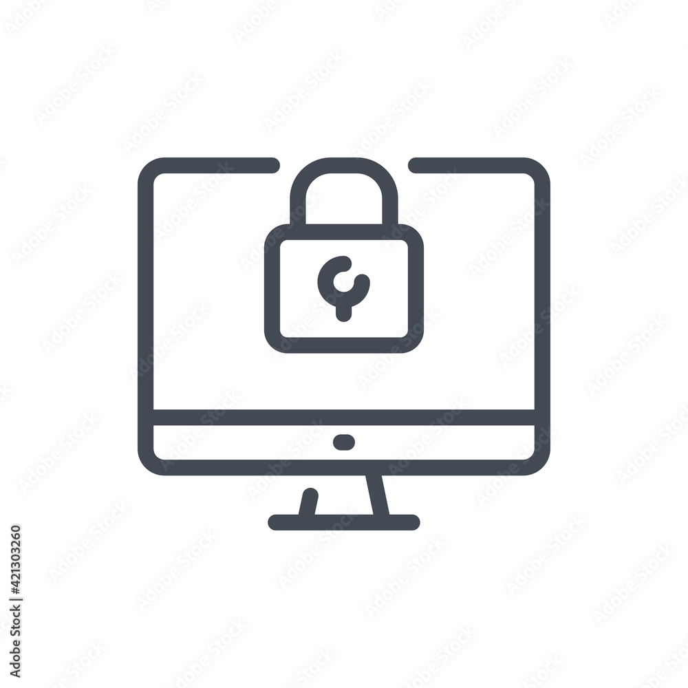 Computer with padlock line icon. Access to computer and Protection of information vector outline sign. Computer with padlock line icon. Access to computer and Protection of information vector outline sign.