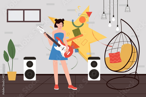 Girl playing guitar music vector illustration. Cartoon young talent teen artist guitarist character with musical instrument standing in trendy studio interior with plants and armchair background