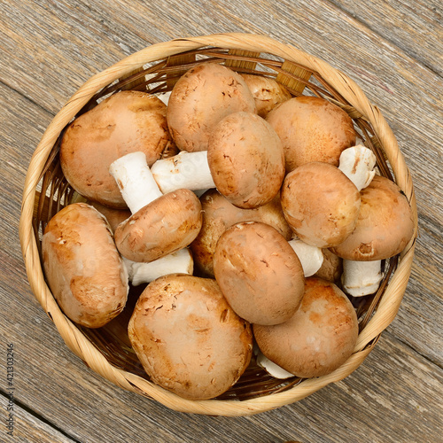 A basket with fresh champignons on a wooden table.