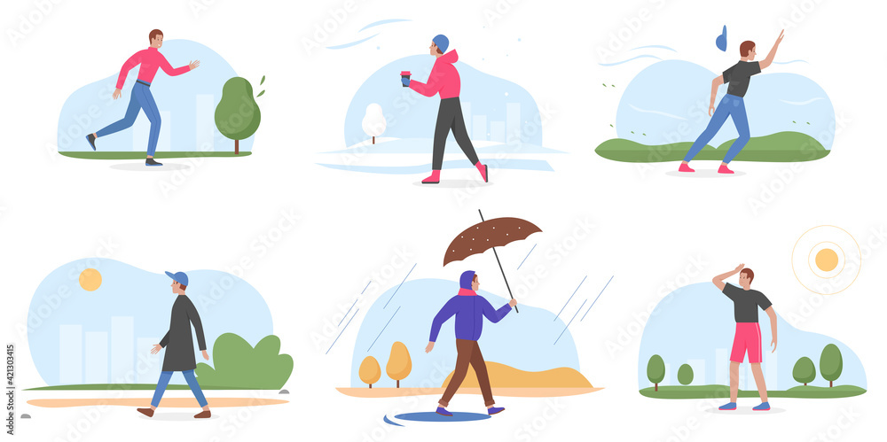 People and four seasons vector illustration set. Cartoon young man character walking in winter summer spring autumn, holding umbrella from rain, running in windy or sunny weather isolated on white