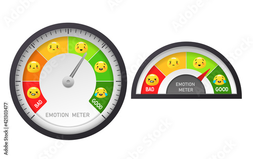 Scale is meter mood and emotions. Speedometer from red horrible mood and orange sad to green happy. Cool yellow faces with changing vector feelings.