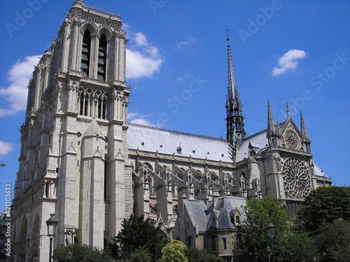 A view of Notre-Dame de Paris cathedral on a sunny day, Paris, France