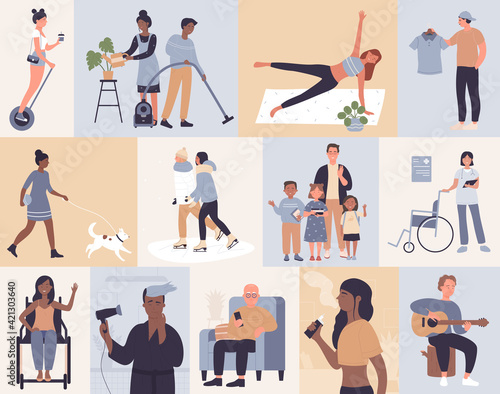 People in day routine, daily activity vector illustration set. Cartoon active man woman couple character ice skating in winter, play guitar, walk dog or do yoga, disabled girl in wheelchair background
