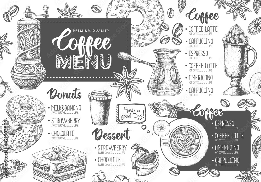 Restaurant Coffee menu design. Decorative sketch of cup of coffee or tea. Dessert menu