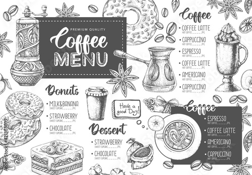 Restaurant Coffee menu design. Decorative sketch of cup of coffee or tea. Dessert menu