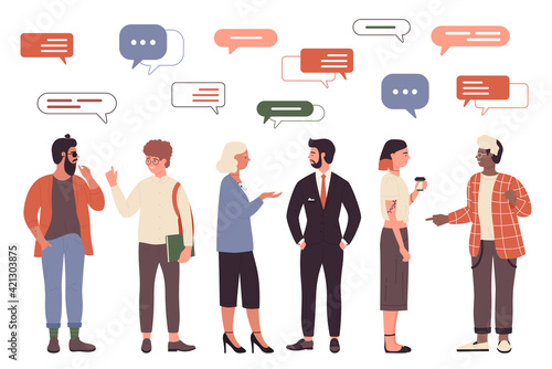 People talk, friendly or work communication vector illustration set. Cartoon man woman friend character talking with message bubble above head, businessman and lady solve work task isolated on white