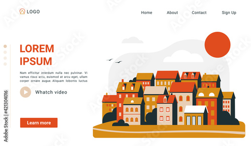 Urban simple landscape vector illustration. Cartoon cityscape sunset scene with orange buildings houses and road, minimal geometric website design with city evening scenery under red sun landing page