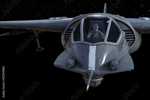 Illustration of an alien piloting a spaceship deep in outer space with stars in the background.