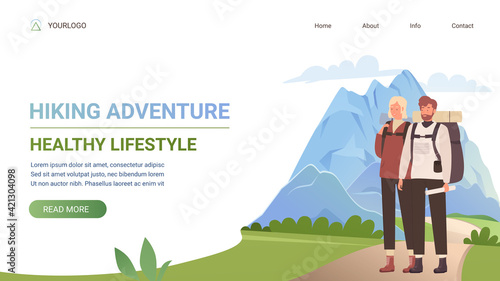 Hiking adventure, healthy lifestyle tourism vector illustration. Cartoon website template with tourist young man and woman couple characters with backpacks trekking, walking on summer mountain road
