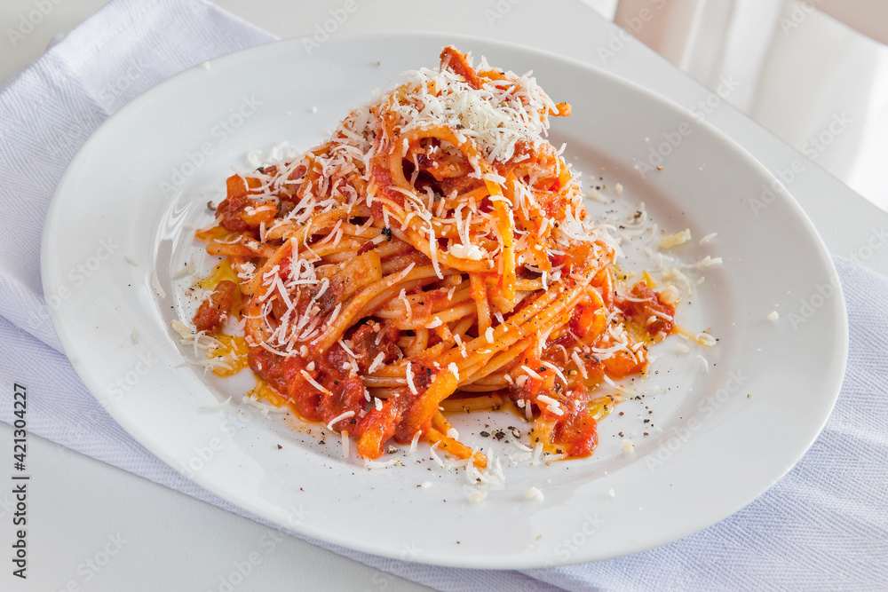 Plate of spaghetti with tomato and bacon and pecorino cheese Plate of spaghetti with tomato and bacon and pecorino cheese