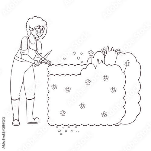 Isolated man cutting a bush - Vector illustration