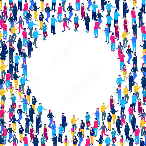 Crowd people form empty circle in center isometric template. Male and female characters discuss social information and gather for fashion vector festival.