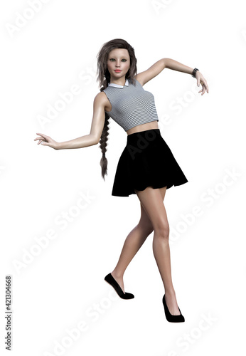 Illustration of a woman with a blank expression dancing isolated on a white background.